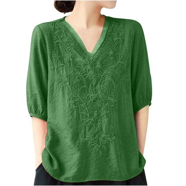 fheaev Chemise en Coton et Lin pour Femmes Hauts de Sortie Mode d'Été pour Femmes Manches Raccourcies Col Rond Ligne en Coton Chemise Ample Blouse