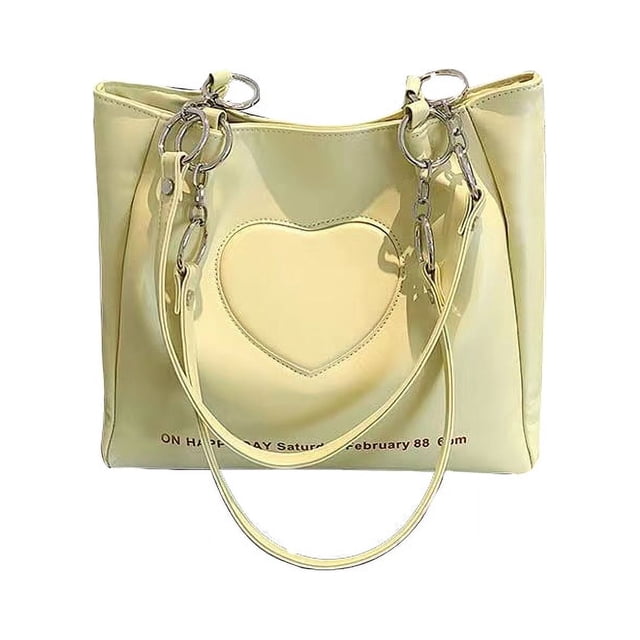Bolso de mano de cuero amarillo con estampado de letras para mujer, bolso de hombro con patrón de corazón, resistente al agua y de gran capacidad