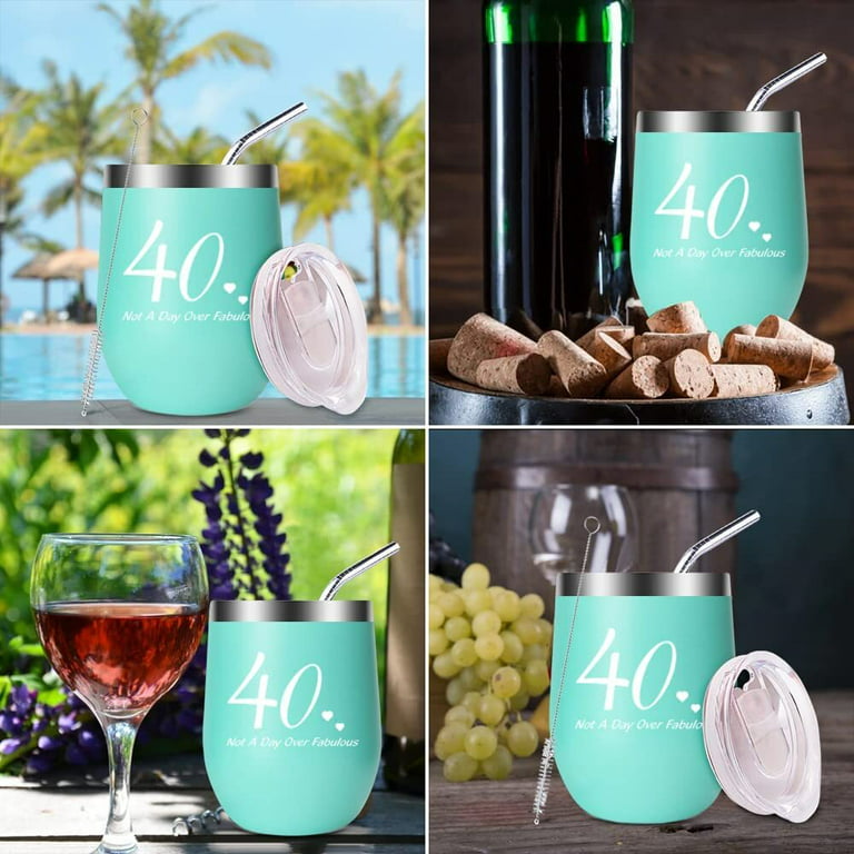 YANSION 40th Birthday Gifts for Women, Wine Tumbler with Funny Saying, Not  A Day Over Fabulous, Stainless Steel Double Insulated Stemless Wine Glasses  with Lid and Straw, 12oz, Mint Blue 