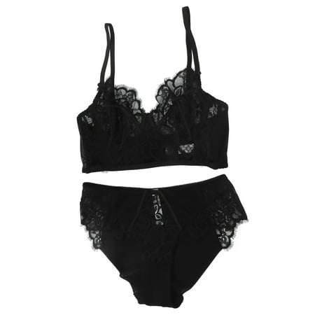 

Unlined Underwire Lace Set Underwear Floral Strap V Neck Sheer Panty Set For Women Black 75D