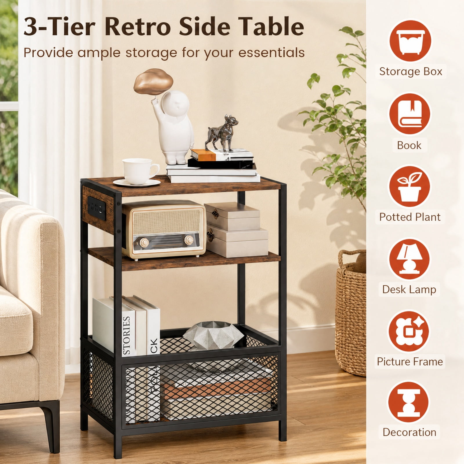 Furnibear 3 Tier Industrial Side Table with 2 AC Outlets USB and Type-C Ports and Metal Frame for Living Room Bedroom Home Office, Rustic Brown