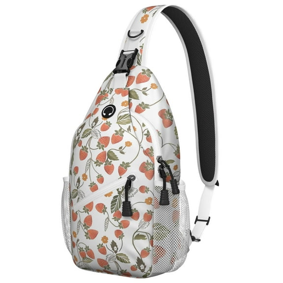Cute Strawberry Print Lightweight Hiking Sling Backpack, Multipurpose Crossbody Bag with Layered Storage, Ideal for Summer Travel and Outdoor Activities