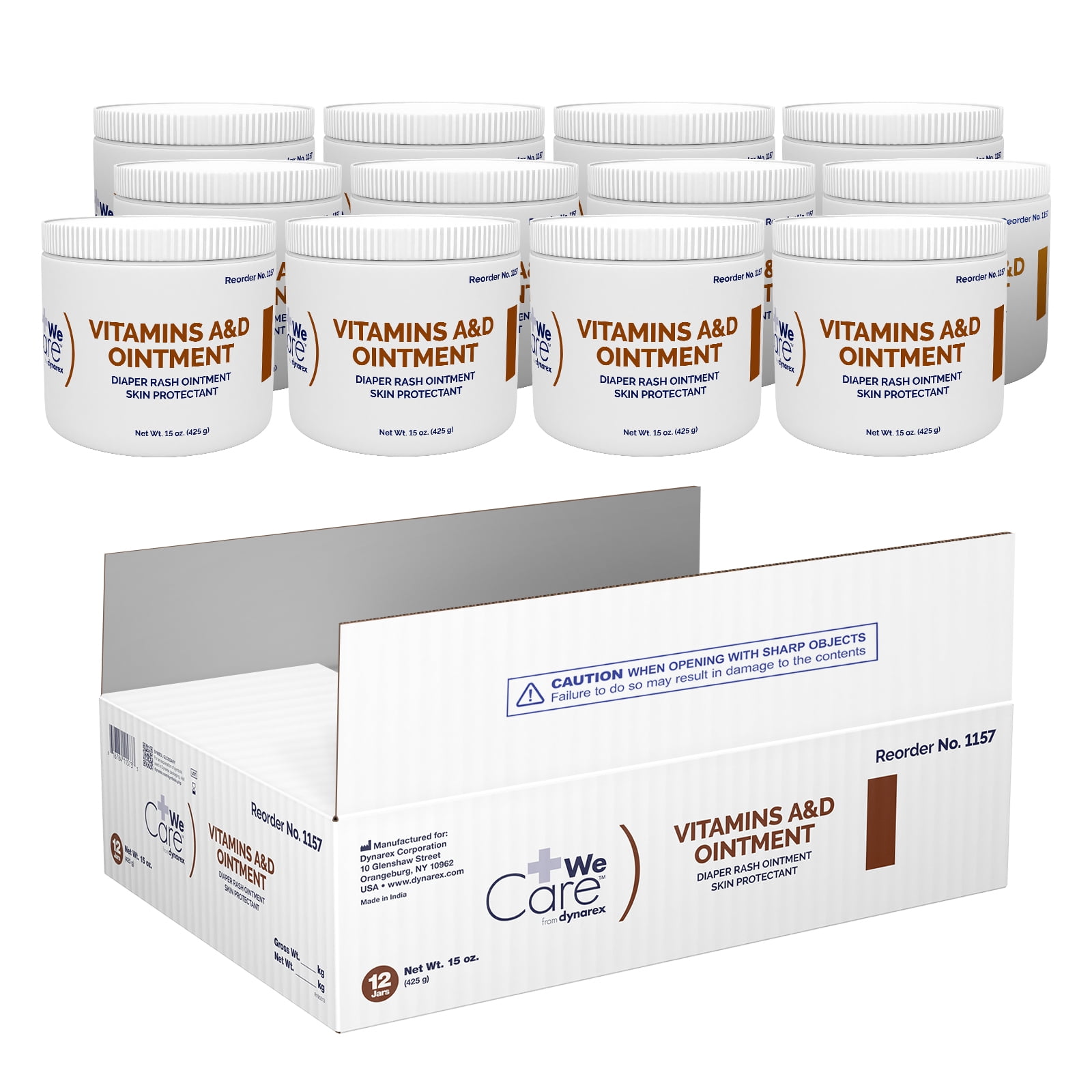 Dynarex Vitamins A & D Ointment, Ointment with Vitamin A and Vitamin D Skin Protectant, for Diaper Rash and Discomfort, White, 15 oz. Jar, 1 Case of 12 Jars