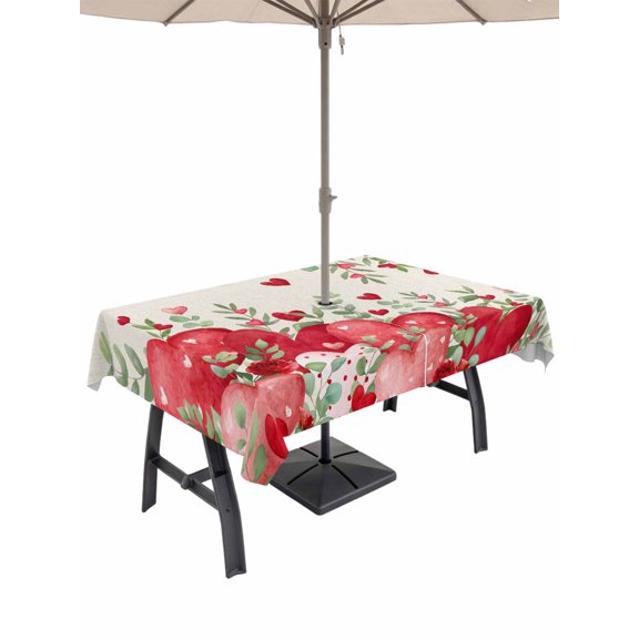 Outdoor Tablecloth with Umbrella Hole and Zipper, Love Heart Valentines Day Rectangle Table Cloth 60x102 Inch Waterproof Tablecloth, Botanical Eucalyptus Red Rustic Picnic Table Cover for Patio