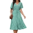 thumbnail image 2 of ITSAME Womens Flare Dress, Leopard Short Sleeve Buttons V Neck Drawstring Waist Pleated Flowing Dress Mint Green S, 2 of 3