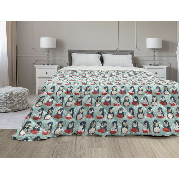 Bird Print Down Alternative Comforter, Hawaiian Continuous Flamingo Petal and Dots, Microfiber Quilt for All Season, 5 Sizes, Cadet Blue Pink, by Ambesonne