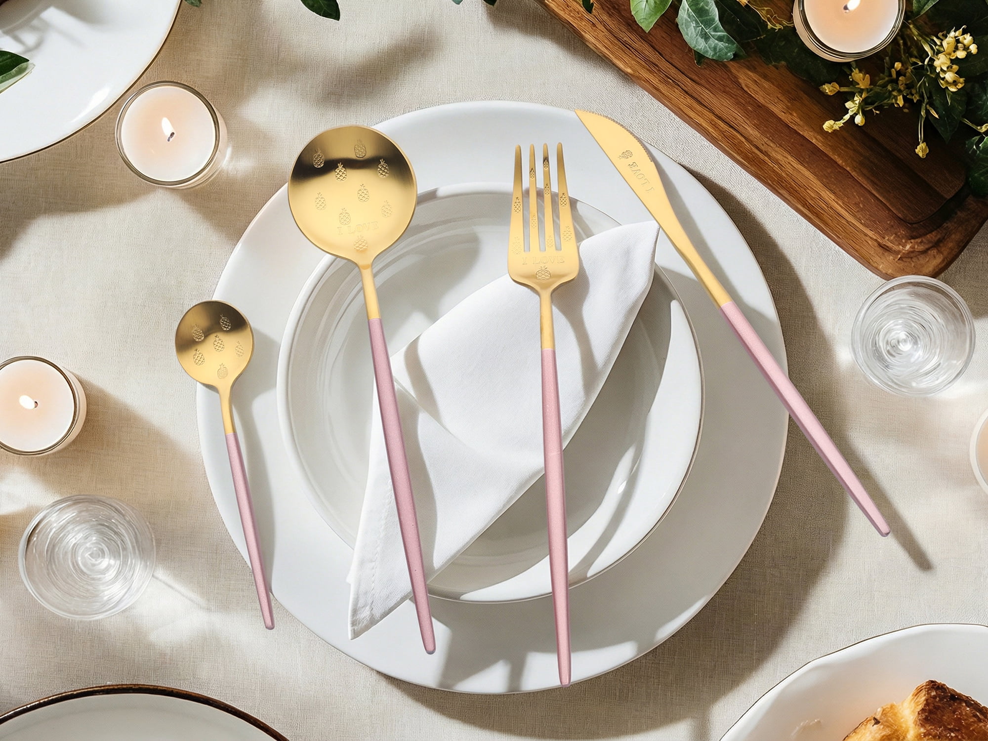 Unique Bargains 4 Piece Silverware Set, Stainless Steel Floral Flatware Set Pink 4