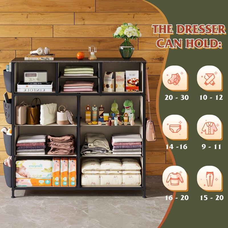 Kelno 10 Drawer Fabric Dresser Storage Organizer with Side Pockets Sturdy Metal Frame Wood Top, Gray