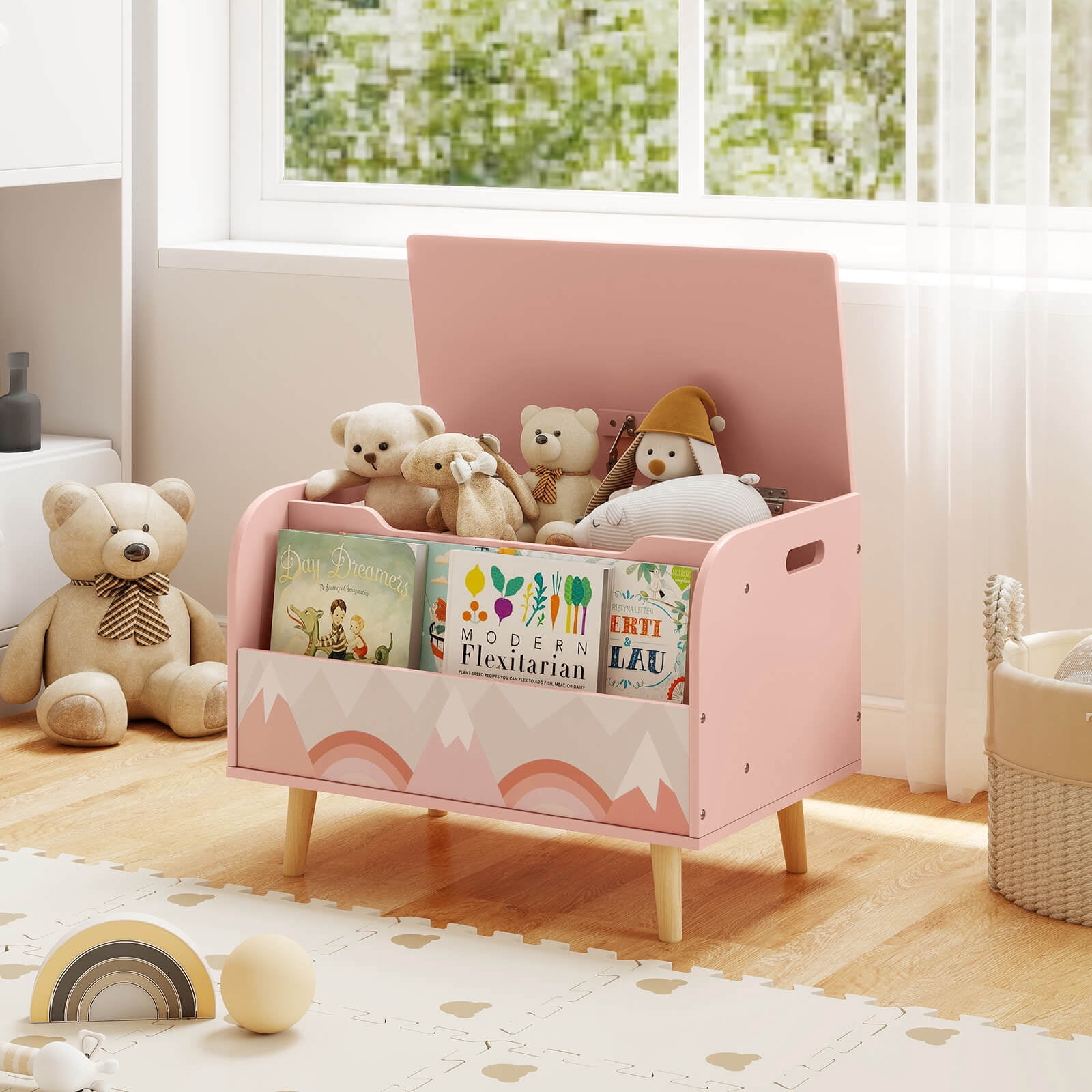 Costway Kids Wooden Toy Box with Front Bookshelf 4 Solid Wood Legs Flip-top Lid for Nursery Pink