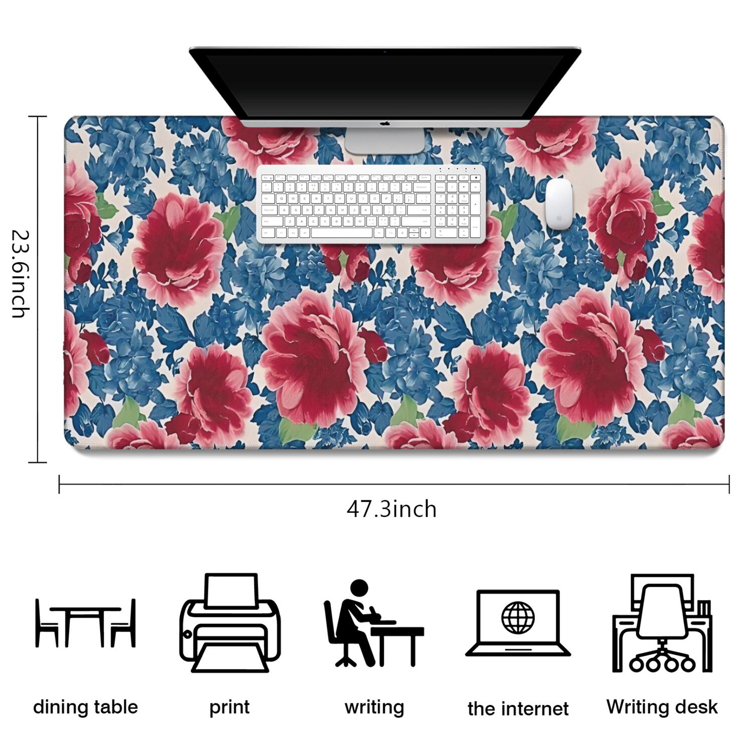 Long Mouse Pads for Desk,Pioneer Flower Floral Print Pattern Desk Mats on Top Of Desks, Desk Mouse Pad Extra Large with 3mm Non-Slip Base and Stitched Edge for Gaming,Office,Work,Home 47.3"x23.6"