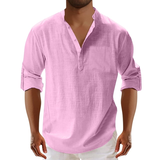 Blusa y camisa de manga larga con cuello alto para hombre, moda masculina, color liso, cuello vuelto, medio cárdigan, camisa informal con botones, blusa de algodón y poliéster para hombre