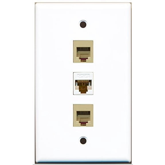 RiteAV - 2 Port Phone RJ11 RJ12 Beige and 1 Port Cat6 Ethernet White Wall Plate