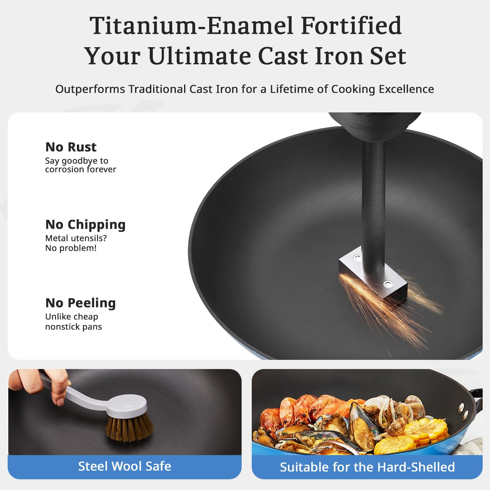 KITESSENSU Enameled Cast Iron Skillet Set of 3 (8/10/12 Inch), Titanium Nonstick Frying Pans with Cool Wooden Handle, Compatible with All Stovetops, Gradual Cobalt Blue