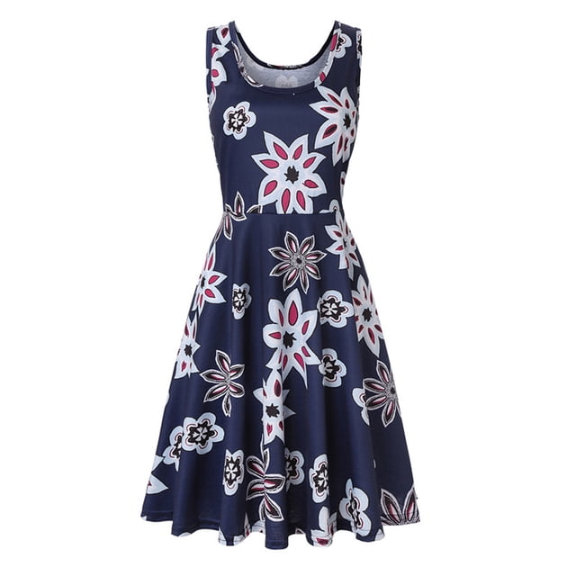 Pompotops Mode Robe Débardeur Sans Manches Imprimée Col en V Ligne A Robe Longue