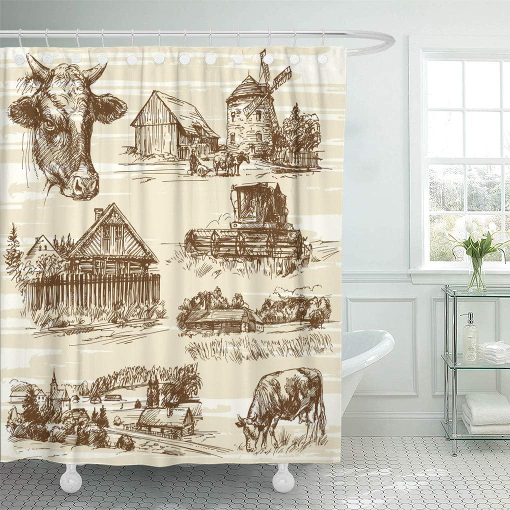 Yusdecor Old Farm Cows Harvest Rural Landscape Set Sketch Illustration House Bathroom Decor Bath Shower Curtain 66x72 Inch Walmart Canada