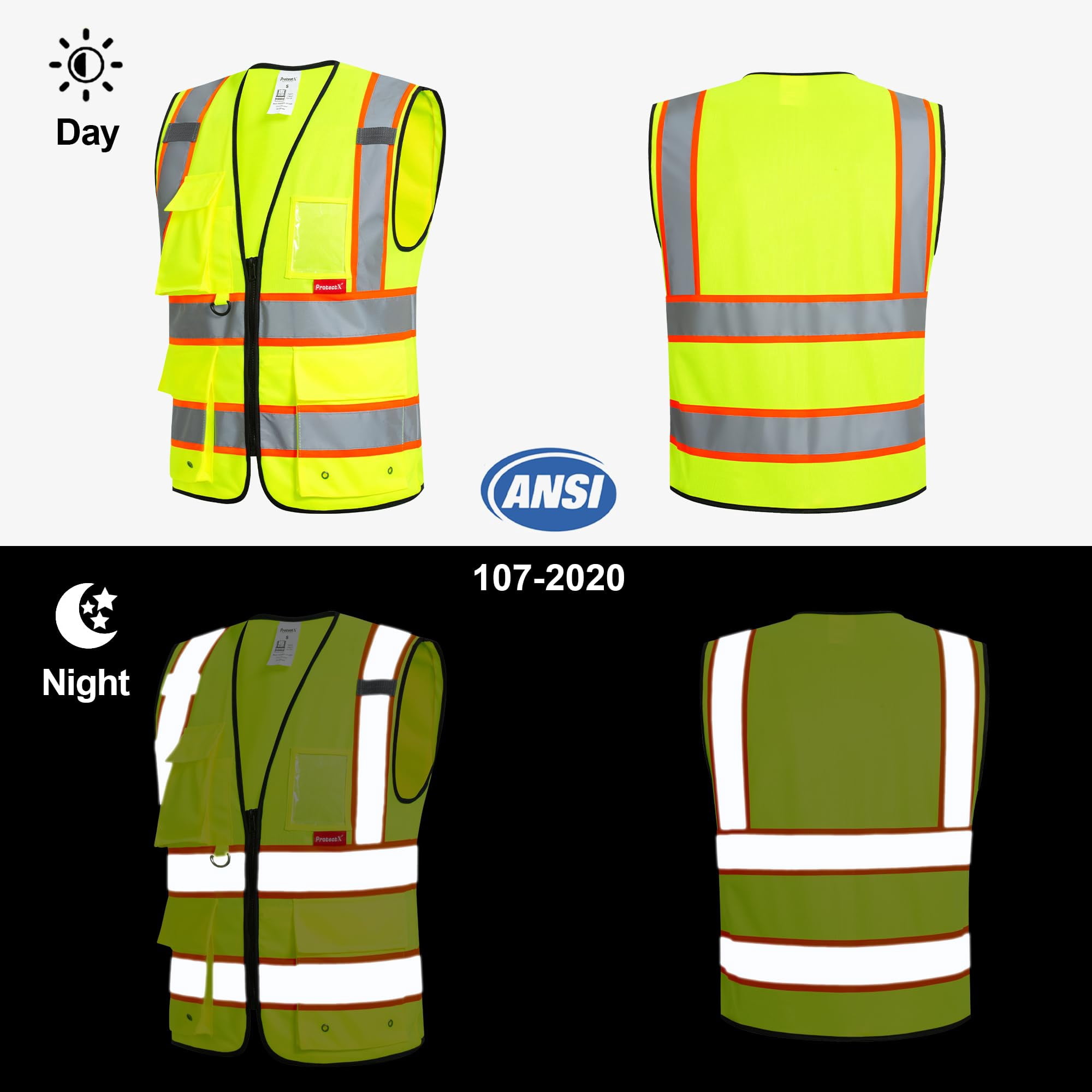 ProtectX Hi Vis Reflective Safety Vest for Men Women High Visibility Construction Work Vest with Pockets Zipper Class 2 Neon Green Large