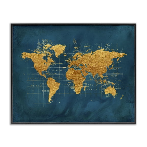 Stupell Industries Contemporary World Map Gold Blue Black Framed Giclee Art, 14 x 11, by Beth Albert