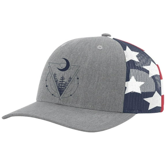 Men's Retro Geometric Scenic Moon Triangle Mountain Outdoors Woodland Embroidered Mesh Back Trucker Hat, Heather Grey/American Flag