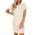 thumbnail image 3 of Laqbezok Ribbed Knit Pocket Dress, Casual Textured Vertical Short Sleeve Stripe Mini Dress, Slimming Round Neck Summer T-Shirt Dress, Solid Color Tunic Sun Dress, 3 of 7