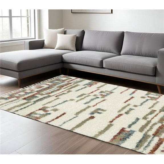HomeRoots 574651 10 x 13 ft. Abstract Shag Distressed Rectangle Area Rug with Fringe, Tan, Gray & Ivory