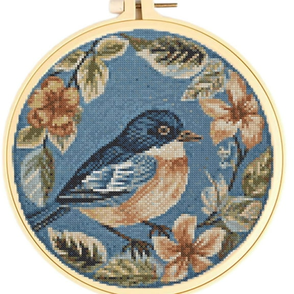 Easy Cross Stitch Kits for Starter Kits Flowers & Bird DIY 11CT Pre-printed Stamped Patterns Embroidery Cross Stitching Needlework Kit Set Supplies with Hoop 38x38cm