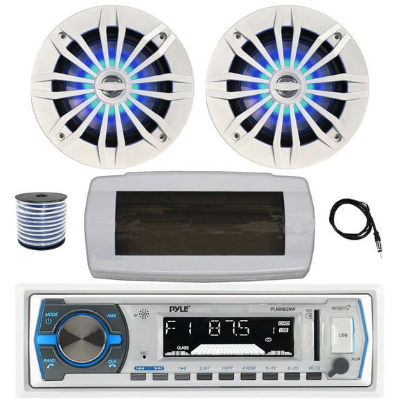 Pyle PLMRB29W Single DIN Bluetooth Marine MP3 AM/FM Stereo Receiver with White Cover, 22" Radio Antenna, Wire, 2x 6.5" 180 Watt Peak 2-Way Blue Flashing LED Boat Audio Speakers (White)