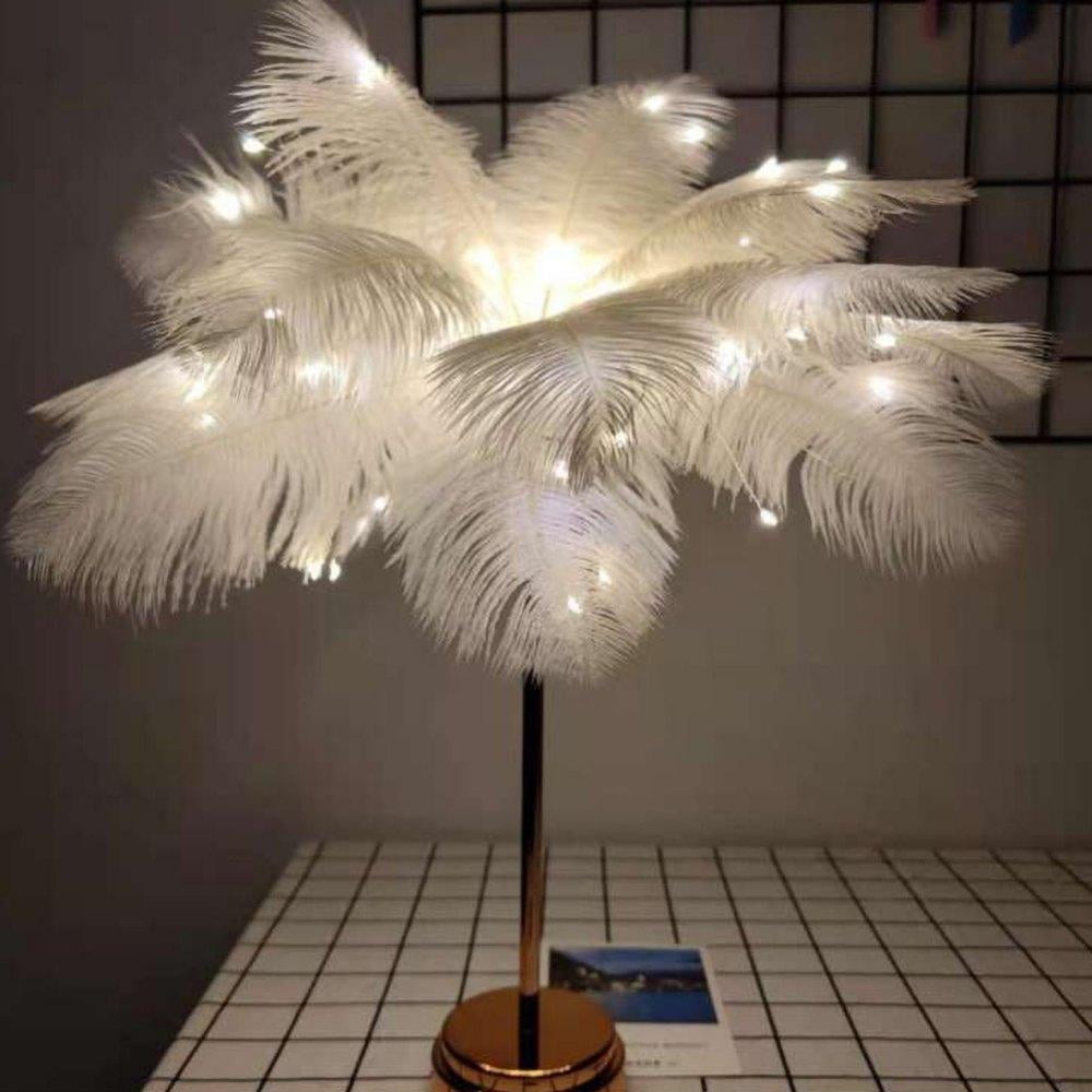 Feather Shade Table Lamp White Lampshade Elegant Bedside Desk Night Light Gift 