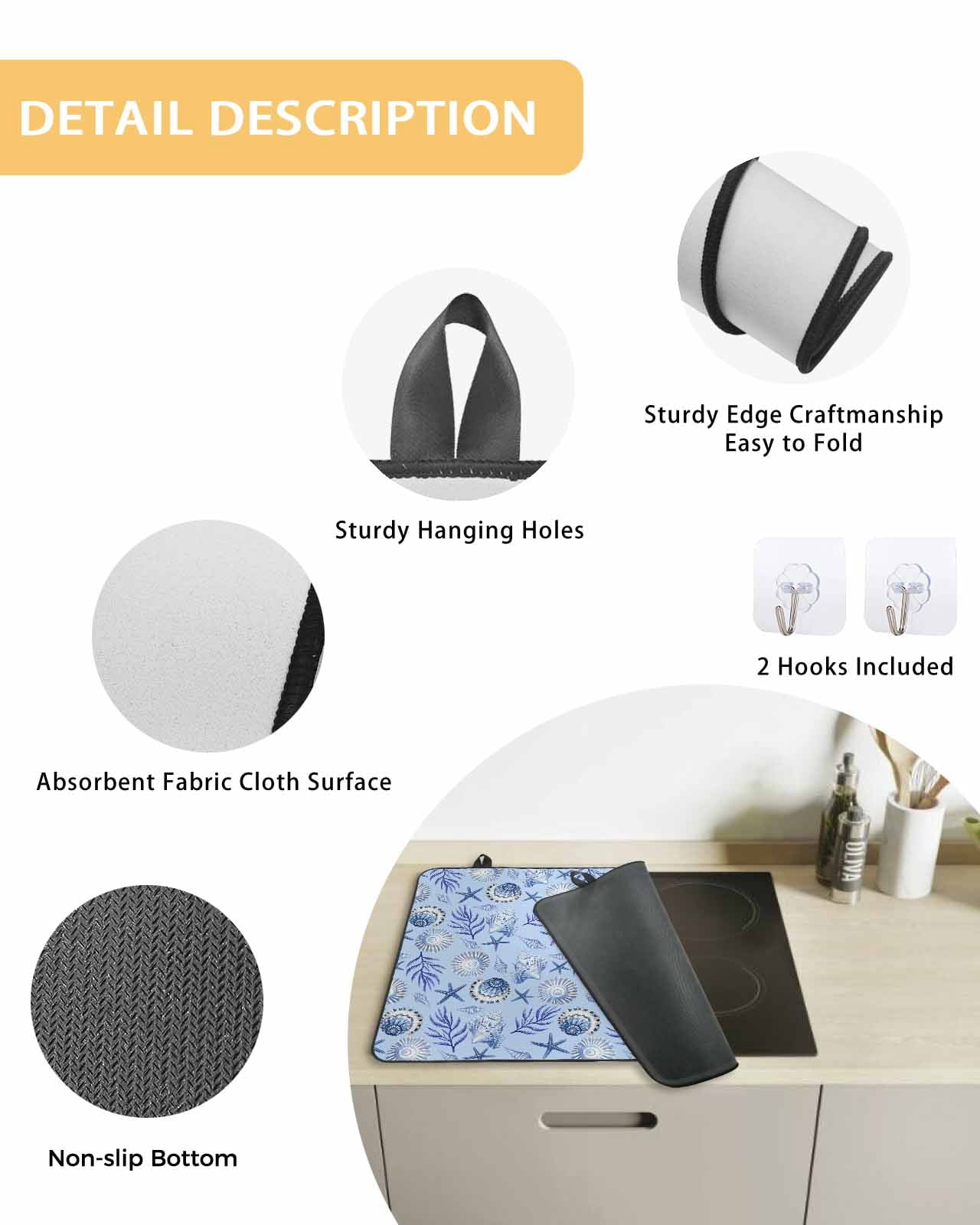 nqOlkjepod Large Induction Cooktop Protector Mat 36"x21", Blue Coastal Conch Stove Top Covers for Electric Stove, Summer Ocean Starfish Coral Shell Stove Burner Cover Mats, Glass Top Stove Cover