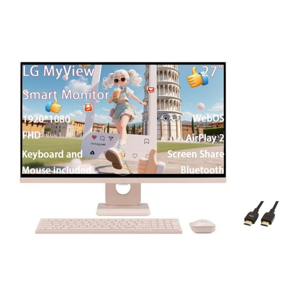 LG MyView Smart Monitor 27 inch, with Wireless Keyboard and Mouse, 16:9 FHD IPS, AirPlay 2, Screen Share, Bluetooth, Built-in Speakers(x2), USB-A, WebOS, HDR 10, 60hz, 5ms, with 5ave HDMI Cable