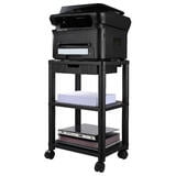 Support d'Imprimante à 3 Niveaux avec Tiroir, Chariot Mobile pour Imprimante, Pièce de Mobilier de Bureau Noire avec 4 Roues Pivotantes et dimensions Compactes de 16,5 x 11,8 x 24,4 Pouces. Comprend Trois Niveaux pour Imprimantes, Scanneurs et documents, un Tiroir pour le Rangement de la Papeterie, et une Capacité de Charge de 20 Kg/44 Lb par Niveau. Utilisé Souvent pour Organiser les Fournitures d'Artisanat.