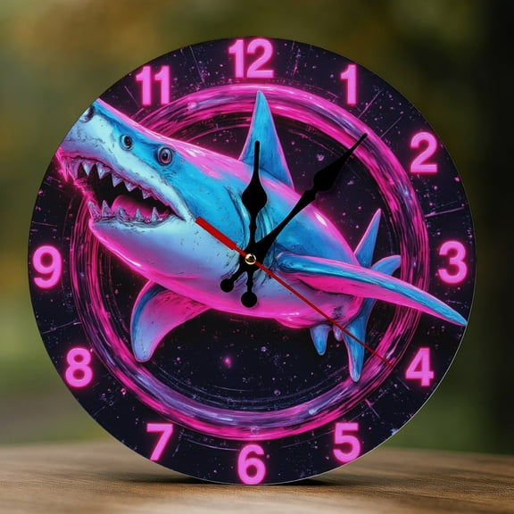 Wall Clock Decorative - Neon Shark in Space Print 2D Vintage Wall Clocks Battery Operated Silent Non-Ticking for Bedroom, Living Room, Kitchen, Office, Classroom, 10 Inch