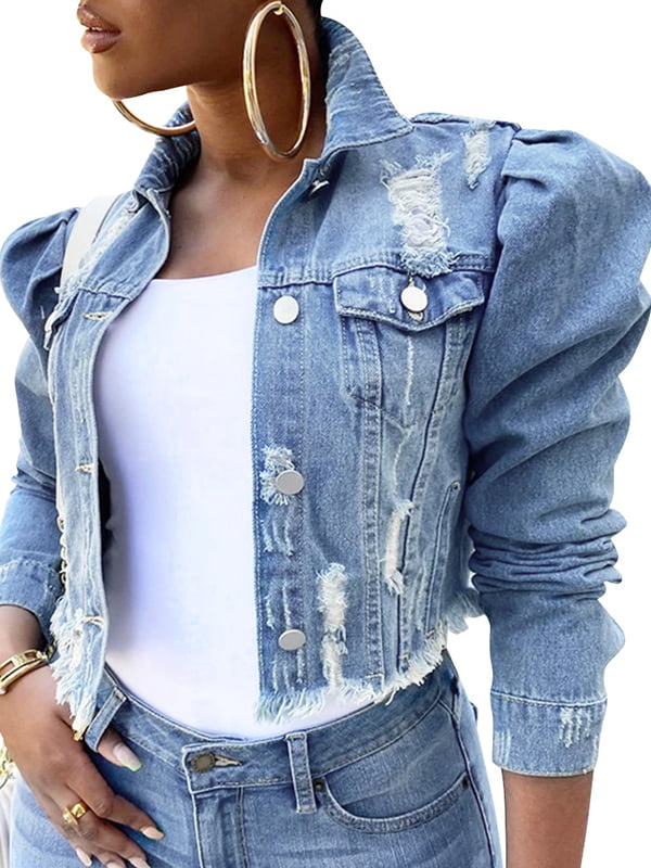 Womens Denim Jacket,Ladies Lace Casual Half Sleeve Cardigan Buttons Pockets Bead Outwear Plus Size Jean Coat Tops 