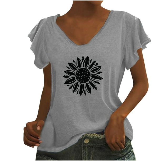 Camiseta informal para mujer, blusa estampada con volantes, manga corta, cuello en V, Tops Fridja ghk7121