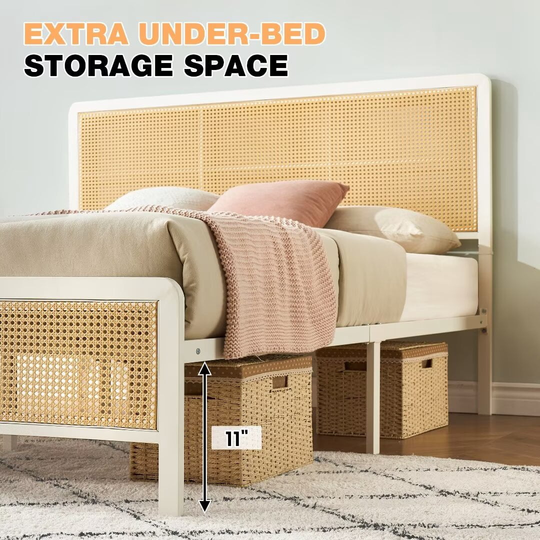 Queen Size Bed Frame with Rattan Headboard and Footboard, Modern Style Boho Bed Frames with Heavy Duty Sturdy Steel Slat Support, No Box Spring Needed