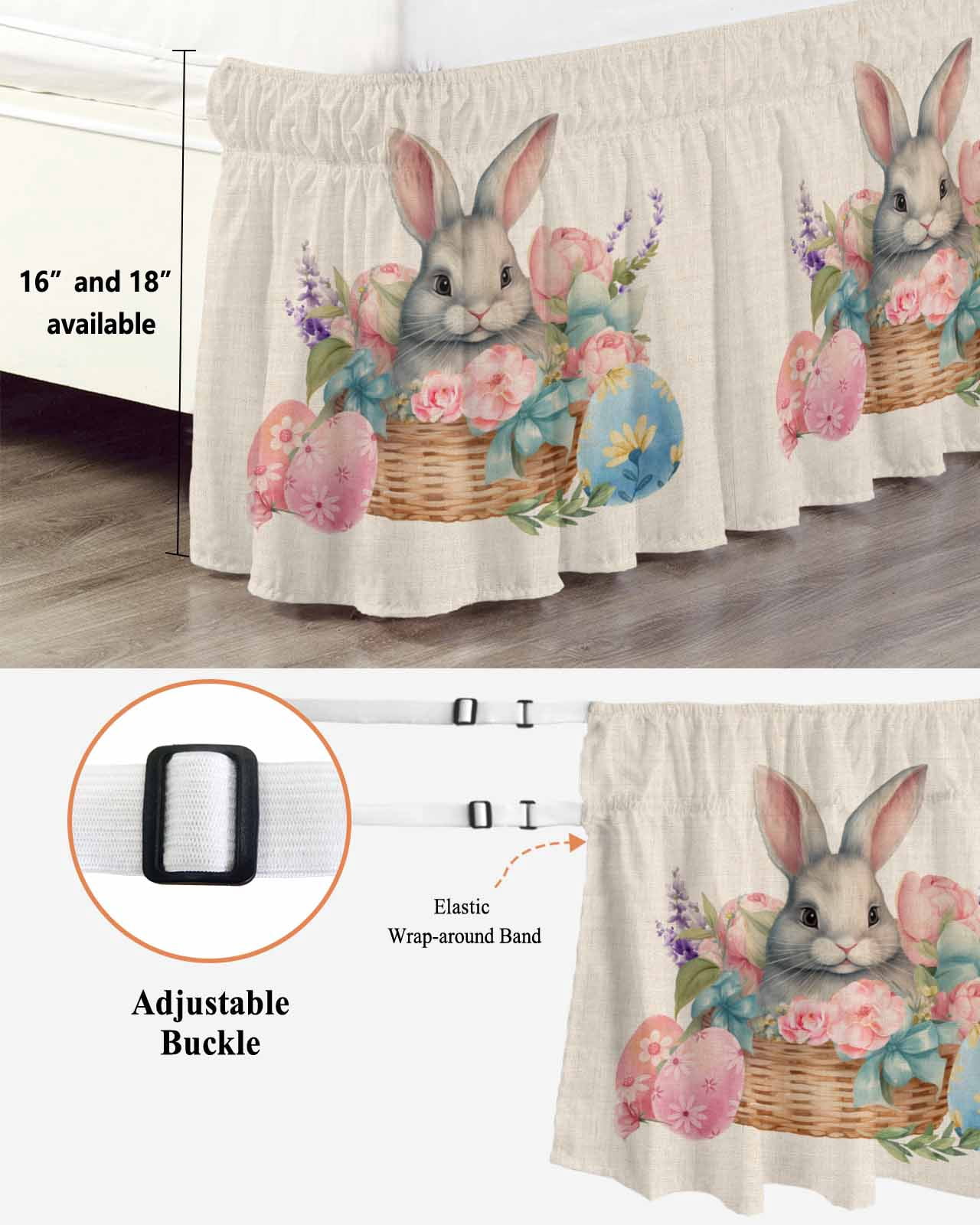 Easter,Wrap Around Bed Skirts for Queen Bed 16" Drop,Bed Skirt with Adjustable Elastic Belt Dust Ruffle Bed Valance for Bedroom Hotel Rustic Easter Basket Eggs Rabbits Tulip Lavender Bed Frame Cover