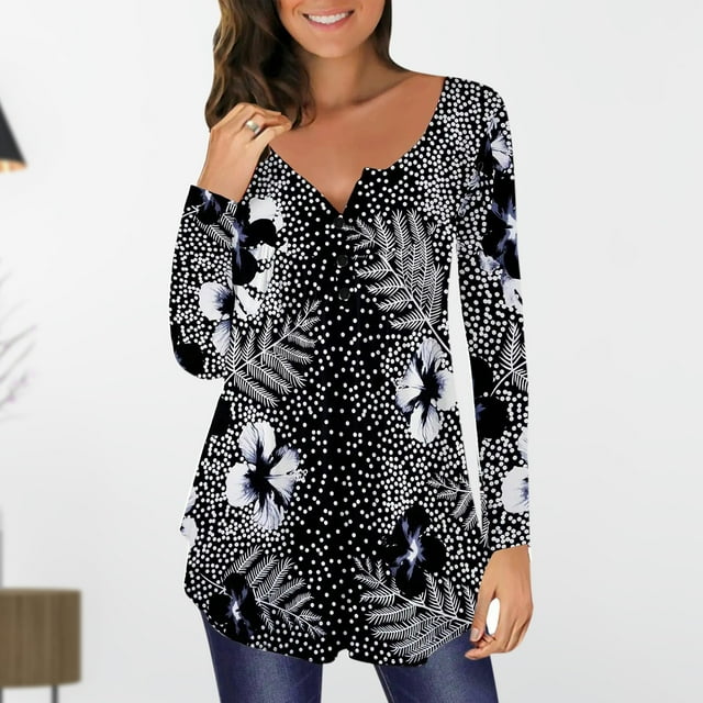 zanvin Hauts pour Femmes, Mode Féminine Imprimée Décontractée Col en V Manches Longues T-Shirt Ample à Boutons, Blanc