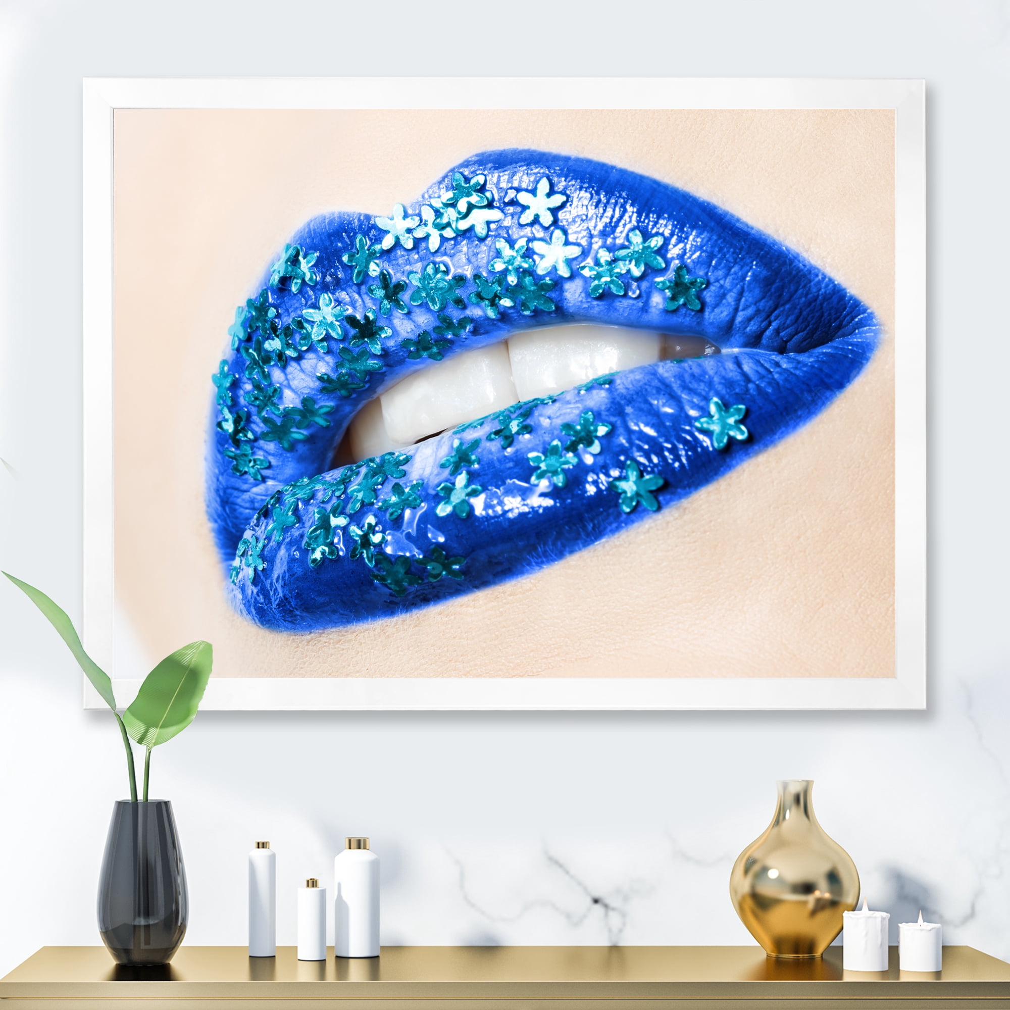 Designart 'Beautiful Woman Lips Blue With Flowers' Modern Framed Art Print