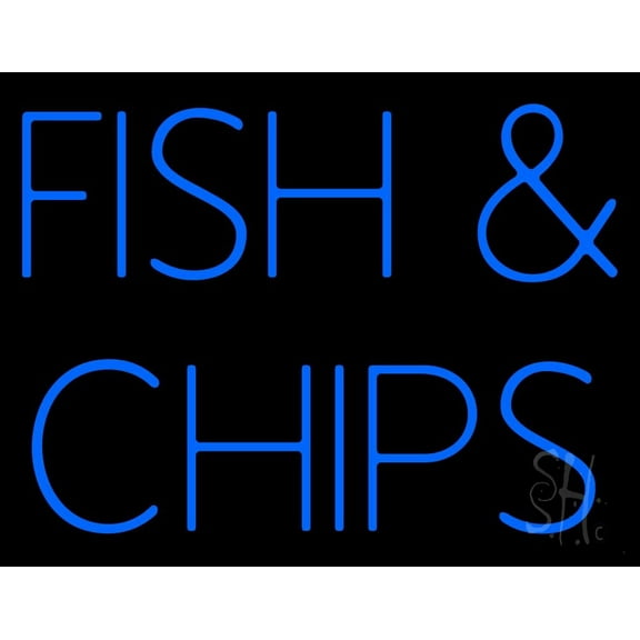 Blue Fish and Chips LED Neon Sign 15 x 19 - inches, Clear Edge Cut Acrylic Backing, with Dimmer - Bright and Premium built indoor LED Neon Sign for restaurant window and interior decor.