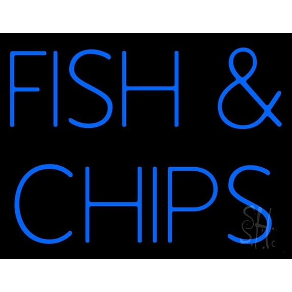 Blue Fish and Chips LED Neon Sign 24 x 31 - inches, Black Square Cut Acrylic Backing, with Dimmer - Bright and Premium built indoor LED Neon Sign for restaurant window and interior decor.