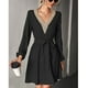 thumbnail image 2 of Vestido corto con cuello en V y costuras de encaje, manga larga, cinturón, ajuste informal, vestido corto para citas, negro, M, 2 of 7