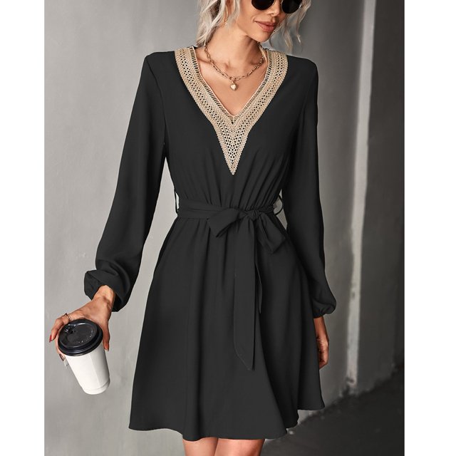 Vestido con costura, vestido corto con escote en V, vestido corto para mujer, acabado de lujo