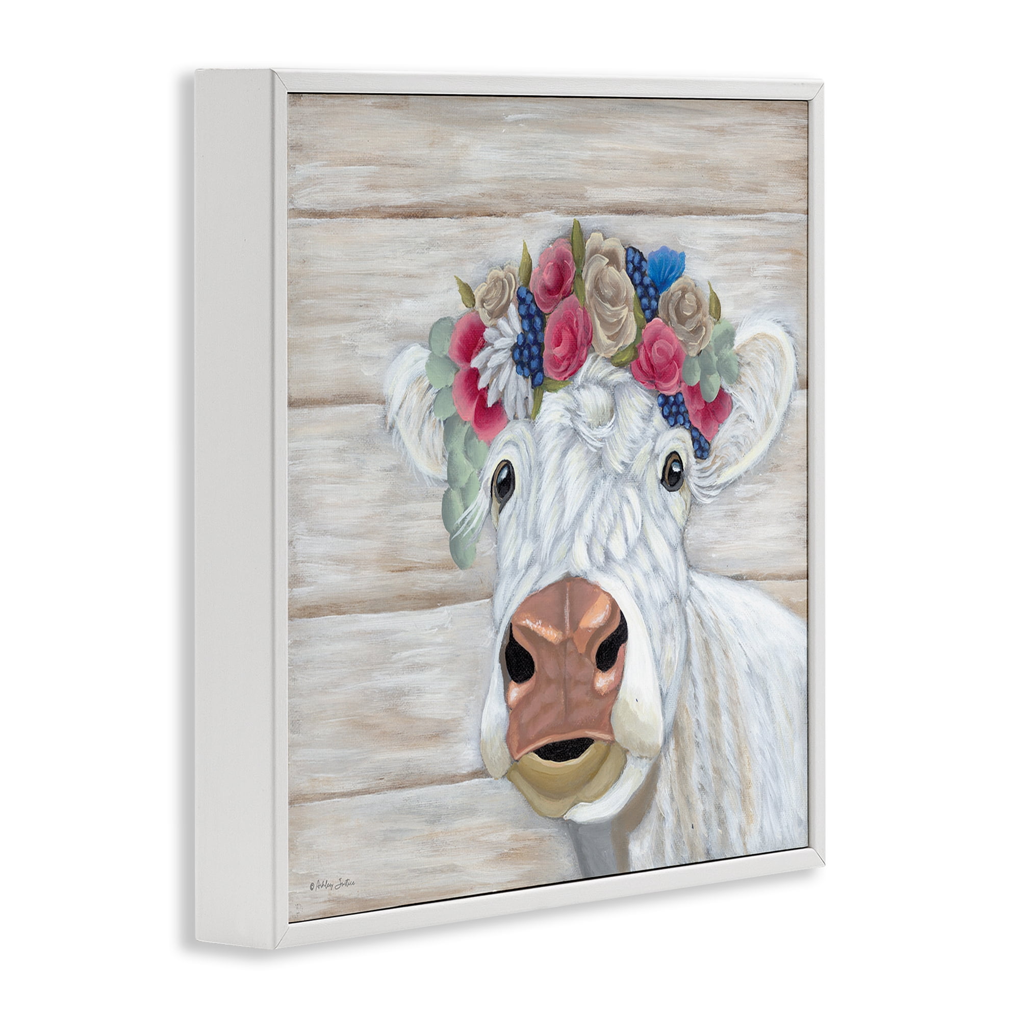 Stupell Industries Rustic Cow Flower Crown Animals & Insects Painting White Framed Art Print Wall Art, 12 x 12
