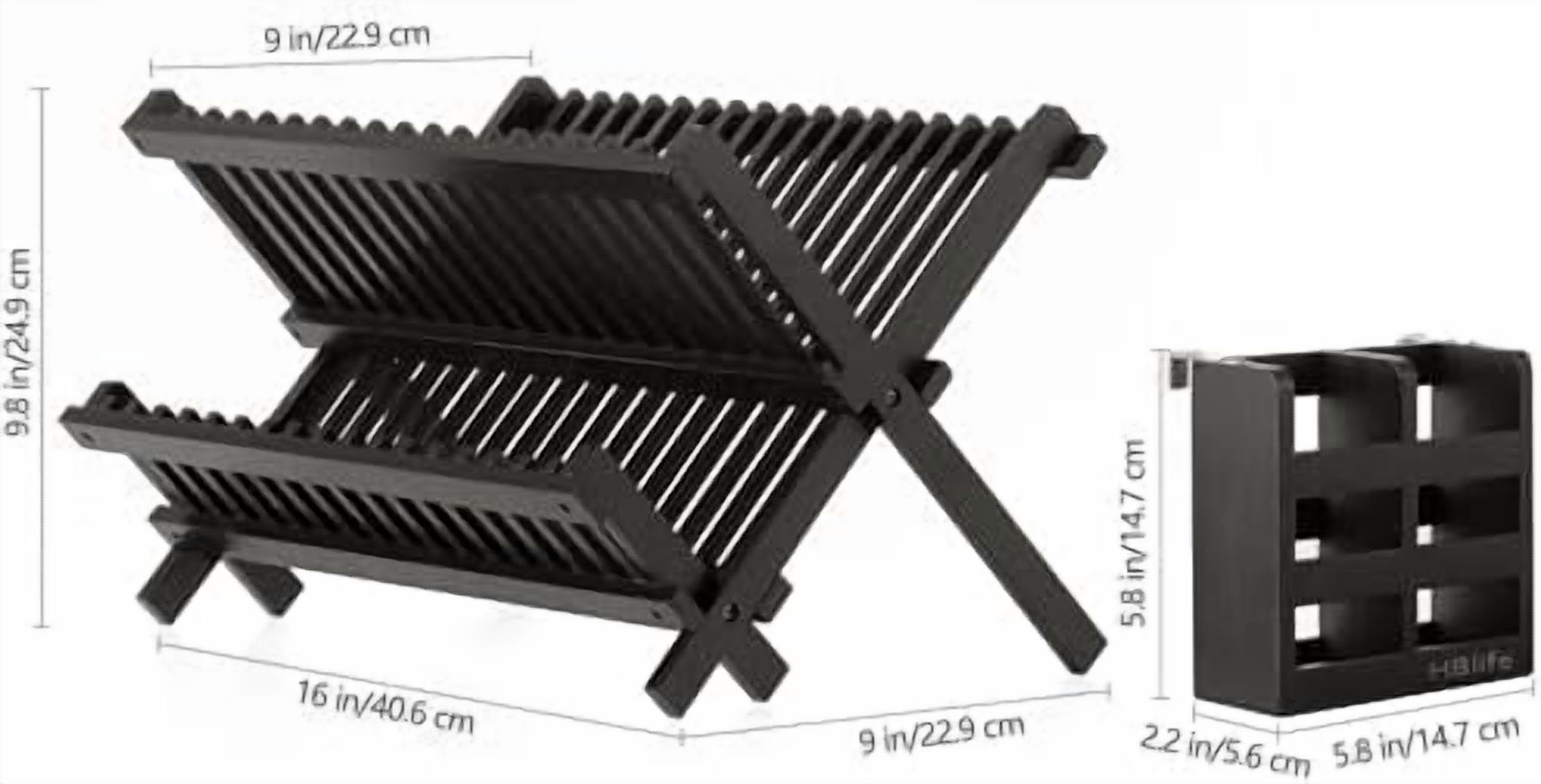Dish Rack, Black Bamboo Folding 2-Tier Collapsible Drainer Dish Drying Rack with Utensils Flatware Holder Set (Dish Rack with Utensil Holder)