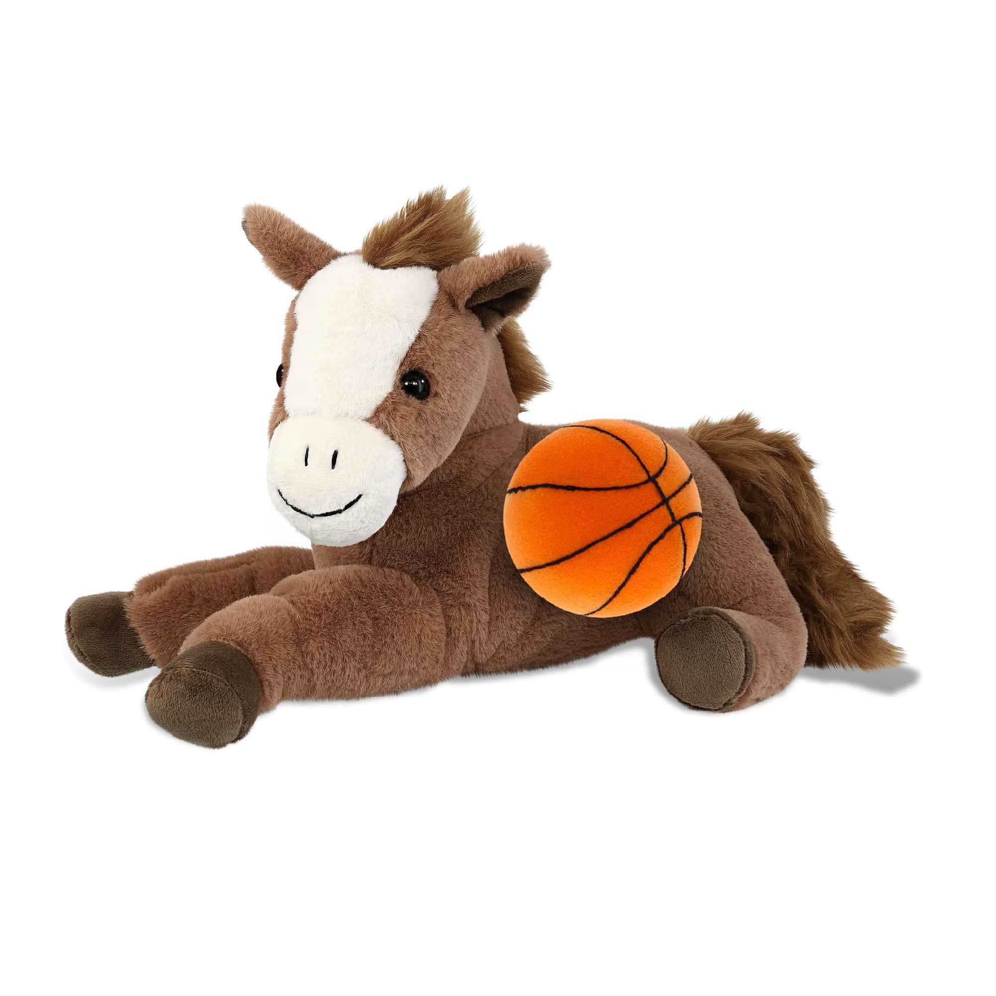 DolliBu Super Soft Lying Brown Horse Stuffed Animal with Basketball Plush – Huggable Horse, Adorable Playtime Plush Toy, Cute Farm Life Gift Doll Animal Toy for Kids and Adults – 12 Inches