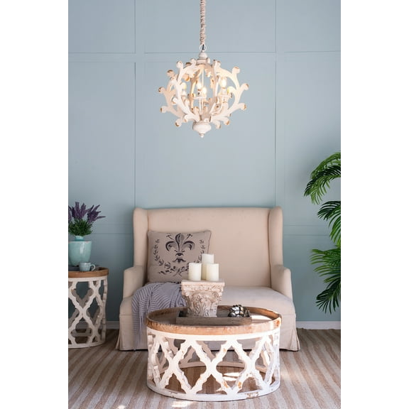 Light Wood Chandelier, 6 Light, Adjustable Chain - Hanging Fixture, Bulb Sold Separately
