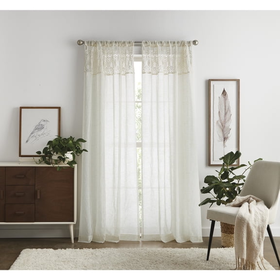 Martha Stewart Piece Macrame Curtain Panel Pair, Linen, Pole Top, Light Filtering, Indoor, Adult, 2 Piece Set, 50" x 84"
