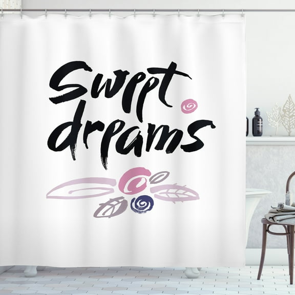 Sweet Dreams Shower Curtain, Hand Lettering with Brush Stroke Effect Watercolor Foliage Leaves Illustration, Fabric Bathroom Set with Hooks, 69W X 70L Inches, Multicolor, by Ambesonne