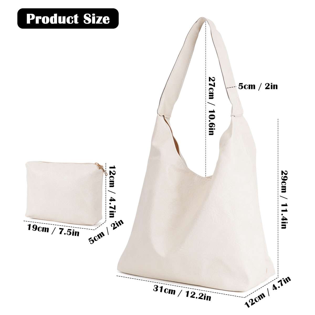 Spencer Retro PU Bags for Women Tote Bag with Purse Slouchy Bag Hobo Handbag Crescent Satchels Shoulder Bag, 2pcs Bag Set, Beige