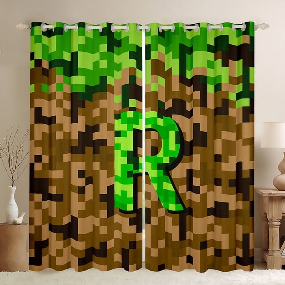 Manfei Kids Teens Personalized Initial Letter R Black Out Curtains,Brown Green Curtains Pack of 2 (42x63 Each),Construction Game Bedroom Curtains,Breathable Home Decor