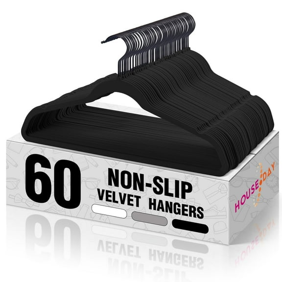 House Day Non-Slip Velvet Coat, Dress, Jacket Clothes Hangers, Black 60 Pack